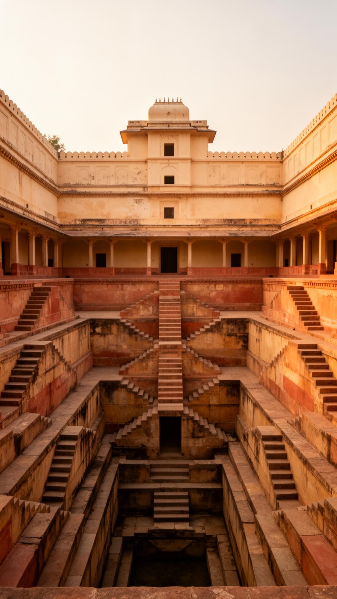 An Indian stepwell — symmetrical descending staircases in warm sandstone