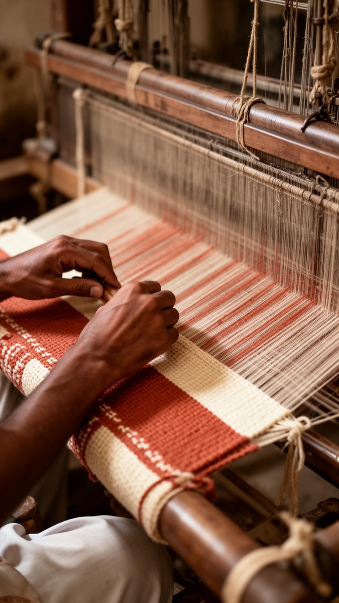 Artisan hands working on a traditional Indian handloom